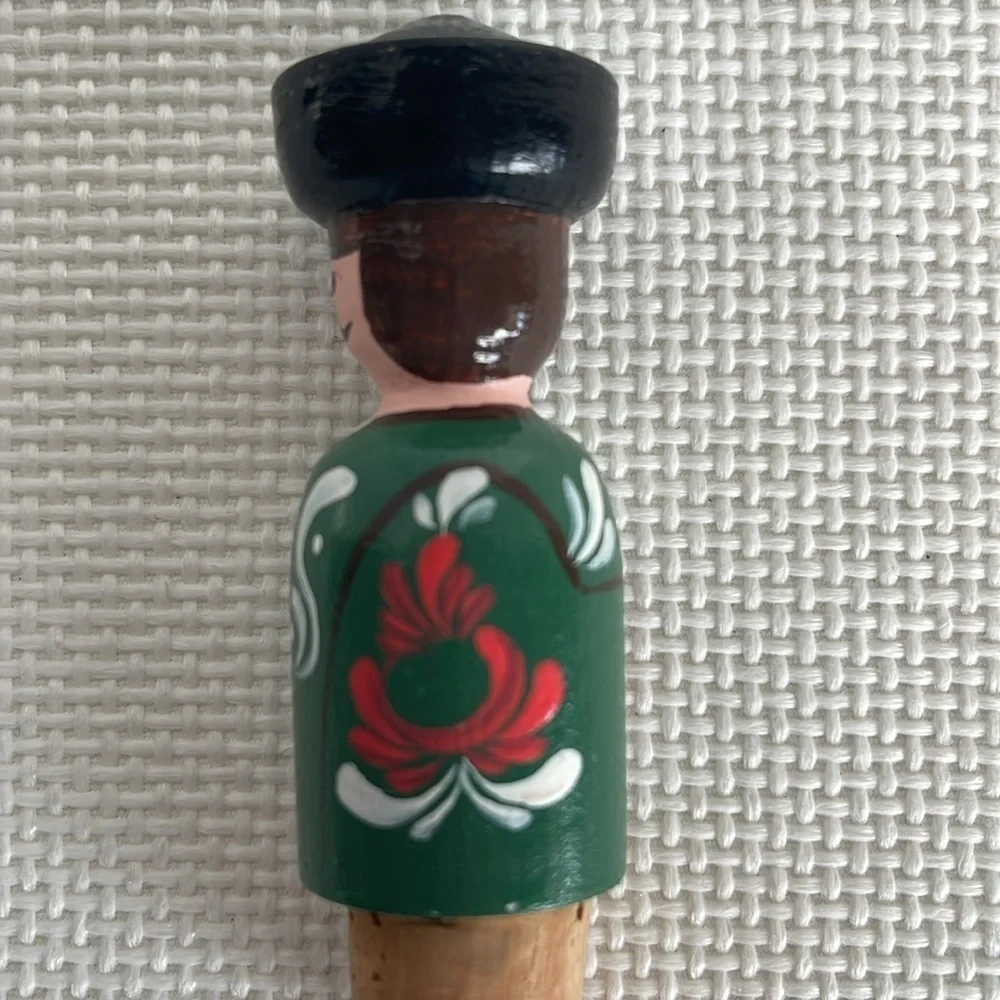 Vintage Hand Carved Wooden Wine Stopper Set of 2 Folk Art Hand Painted EUC